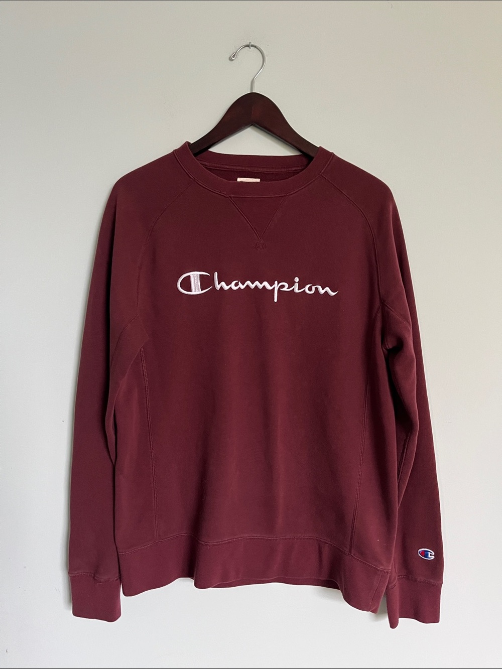 Champion Maroon Embroidery Script Logo Crewneck Sweatshirt